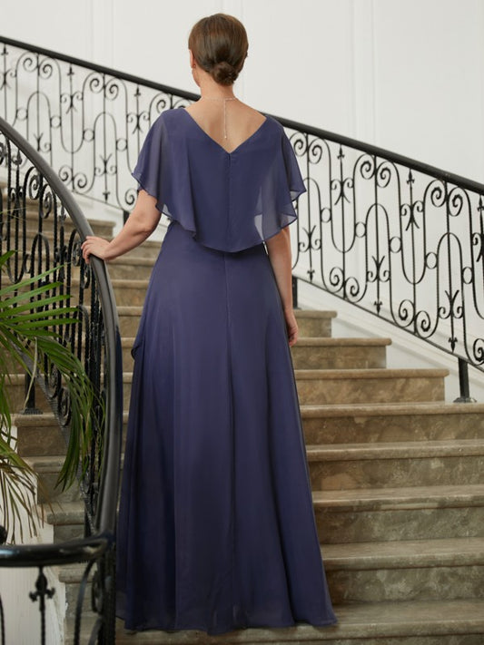 Eleanor A-Line/Princess Chiffon Beading V-neck Short Sleeves Asymmetrical Mother of the Bride Dresses DGP0020312