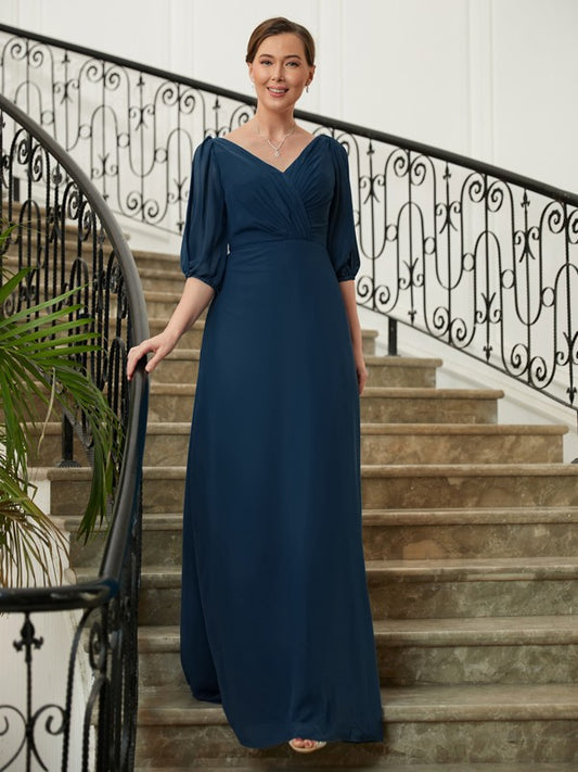 Aleena A-Line/Princess Chiffon Ruched V-neck 1/2 Sleeves Floor-Length Mother of the Bride Dresses DGP0020344