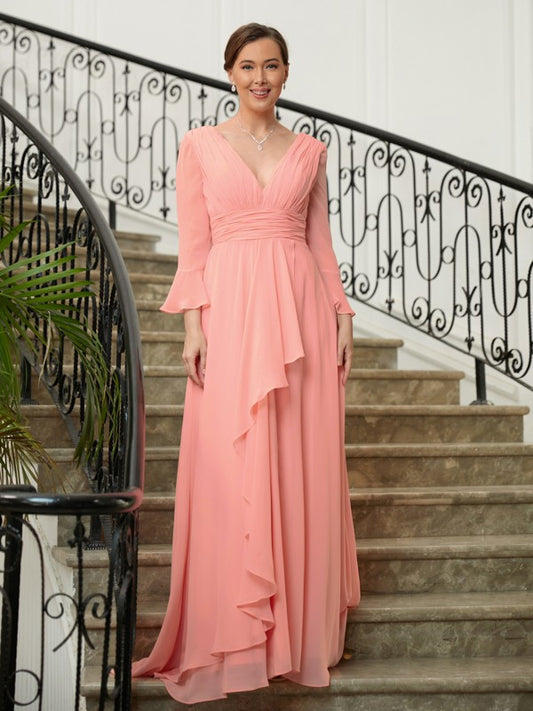 Claudia A-Line/Princess Chiffon Ruched V-neck Long Sleeves Sweep/Brush Train Mother of the Bride Dresses DGP0020305