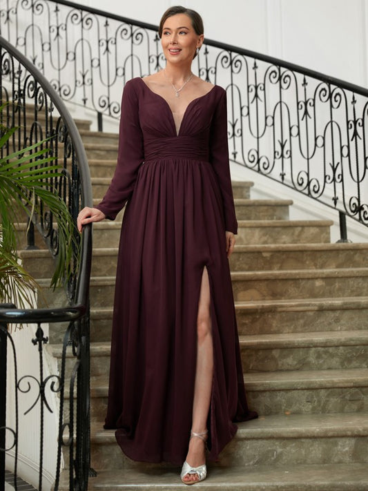 Mckayla A-Line/Princess Chiffon Ruched V-neck Long Sleeves Floor-Length Mother of the Bride Dresses DGP0020345