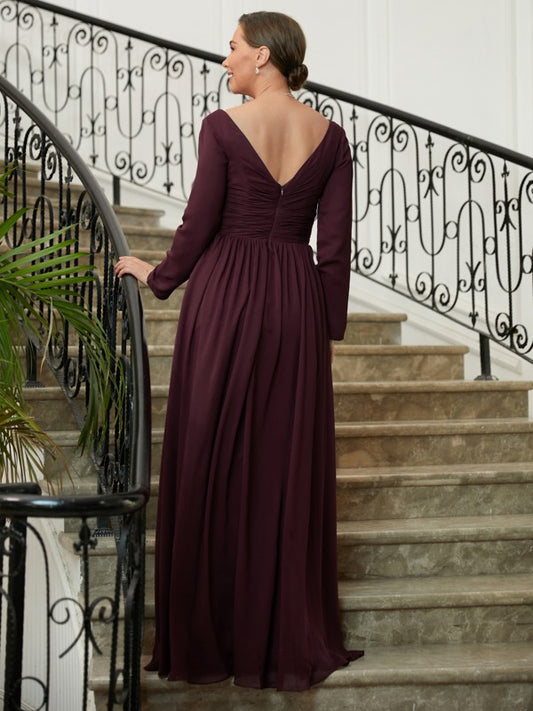 Mckayla A-Line/Princess Chiffon Ruched V-neck Long Sleeves Floor-Length Mother of the Bride Dresses DGP0020345