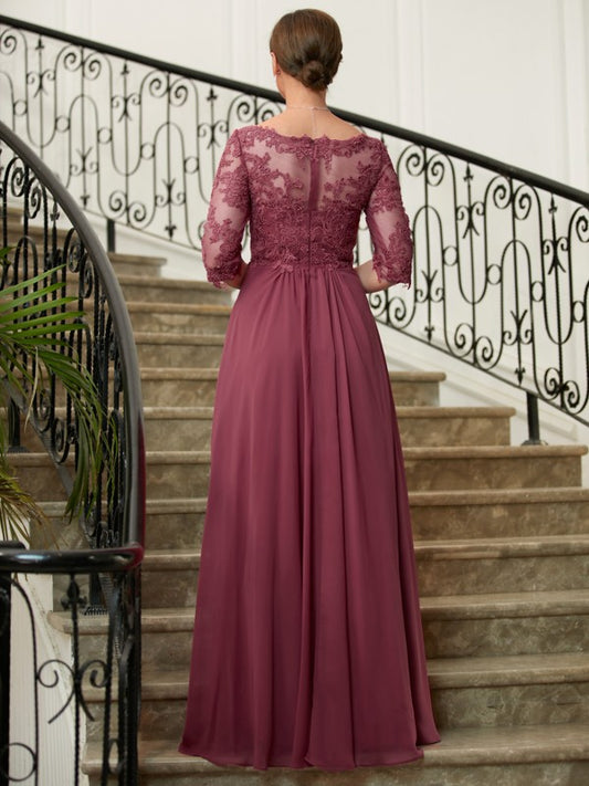 Camilla A-Line/Princess Chiffon Lace V-neck 3/4 Sleeves Floor-Length Mother of the Bride Dresses DGP0020306