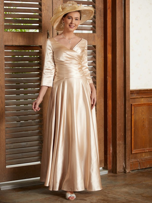 Kaitlyn A-Line/Princess Elastic Woven Satin Ruched V-neck 3/4 Sleeves Ankle-Length Mother of the Bride Dresses DGP0020362