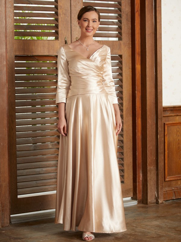 Kaitlyn A-Line/Princess Elastic Woven Satin Ruched V-neck 3/4 Sleeves Ankle-Length Mother of the Bride Dresses DGP0020362