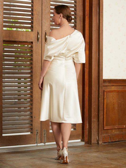Charlotte A-Line/Princess Charmeuse Ruched Off-the-Shoulder 1/2 Sleeves Tea-Length Mother of the Bride Dresses DGP0020363