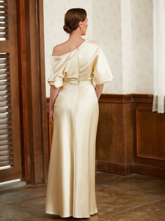 Riley Sheath/Column Charmeuse Ruched Off-the-Shoulder Short Sleeves Floor-Length Mother of the Bride Dresses DGP0020309