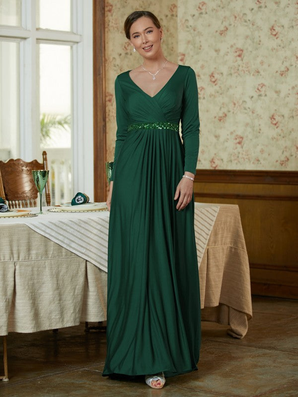 Emelia A-Line/Princess Jersey Beading V-neck Long Sleeves Sweep/Brush Train Mother of the Bride Dresses DGP0020357