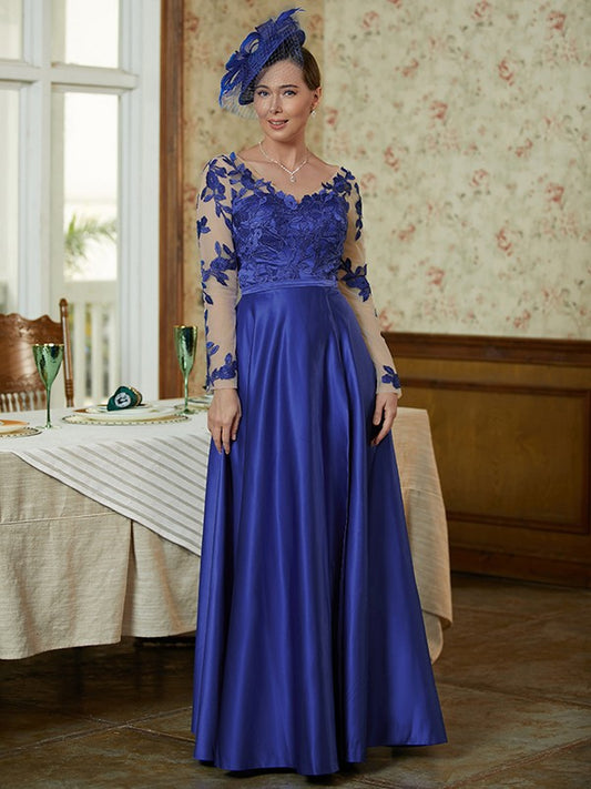 Rebekah A-Line/Princess Satin Applique V-neck Long Sleeves Floor-Length Mother of the Bride Dresses DGP0020358