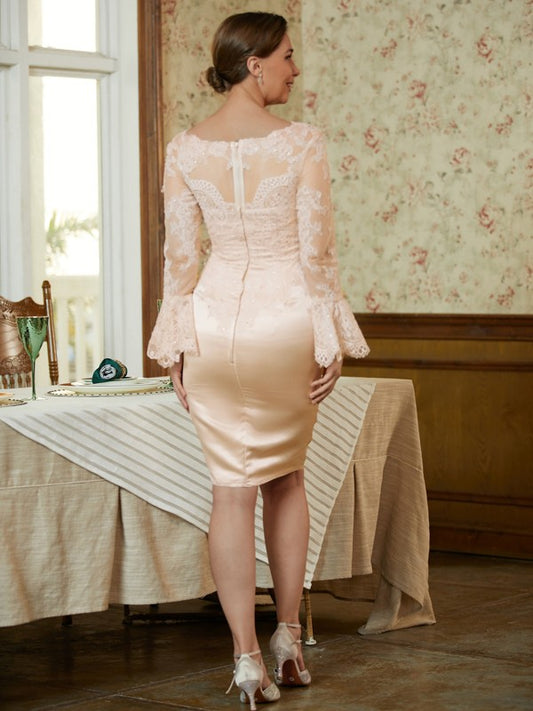 Clara Sheath/Column Satin Lace Scoop Long Sleeves Knee-Length Mother of the Bride Dresses DGP0020315