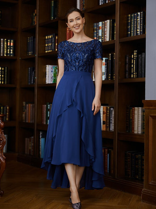 Penelope A-Line/Princess Chiffon Applique Bateau Short Sleeves Asymmetrical Mother of the Bride Dresses DGP0020281