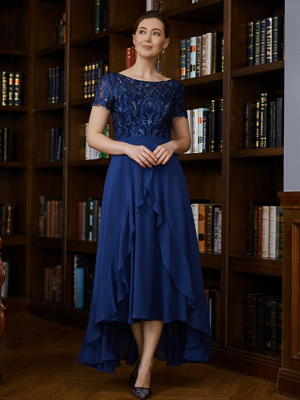 Penelope A-Line/Princess Chiffon Applique Bateau Short Sleeves Asymmetrical Mother of the Bride Dresses DGP0020281