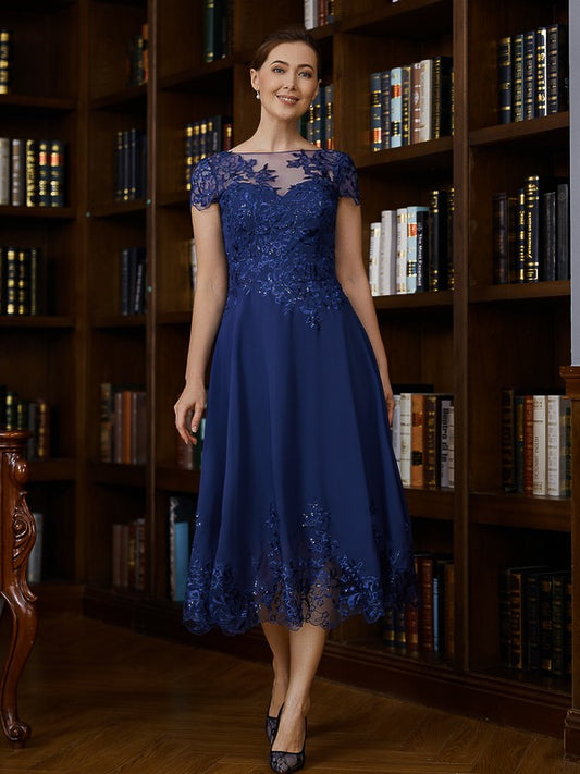 Adelaide A-Line/Princess Chiffon Applique Bateau Short Sleeves Tea-Length Mother of the Bride Dresses DGP0020275