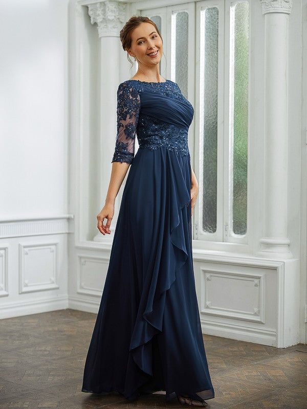 Cassie A-Line/Princess Chiffon Applique Bateau 3/4 Sleeves Floor-Length Mother of the Bride Dresses DGP0020276