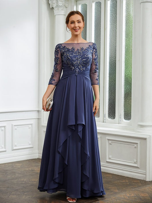 Kim A-Line/Princess Chiffon Applique Bateau 3/4 Sleeves Floor-Length Mother of the Bride Dresses DGP0020266