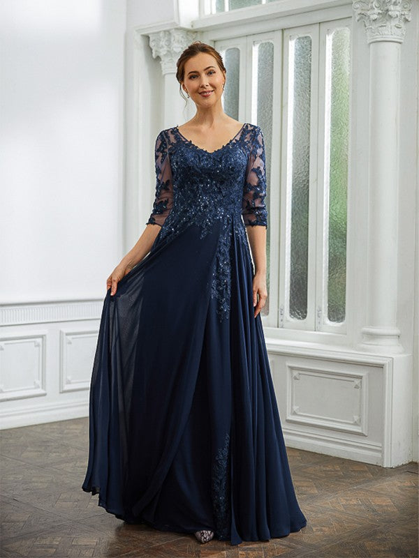 Nora A-Line/Princess Chiffon Applique V-neck 3/4 Sleeves Floor-Length Mother of the Bride Dresses DGP0020267
