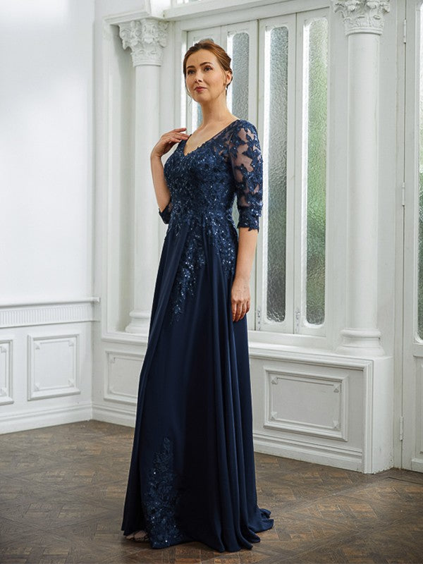 Nora A-Line/Princess Chiffon Applique V-neck 3/4 Sleeves Floor-Length Mother of the Bride Dresses DGP0020267