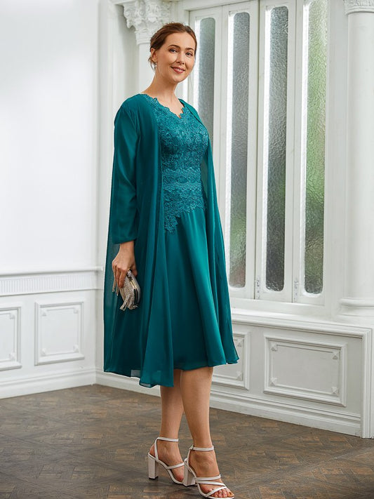 Lois A-Line/Princess Chiffon Ruched V-neck Short Sleeves Knee-Length Mother of the Bride Dresses DGP0020268