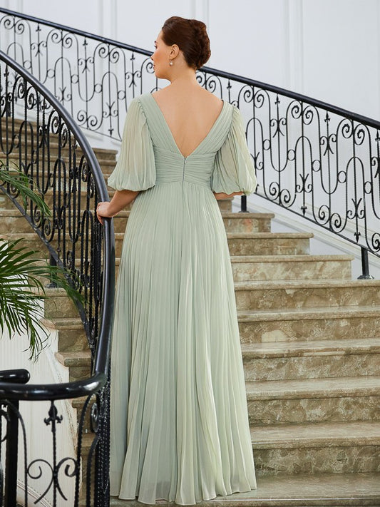 Josephine A-Line/Princess Chiffon Ruched V-neck 1/2 Sleeves Floor-Length Mother of the Bride Dresses DGP0020271