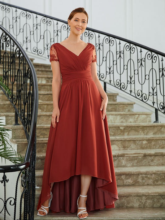 Paisley A-Line/Princess Chiffon Ruched V-neck Short Sleeves Asymmetrical Mother of the Bride Dresses DGP0020273