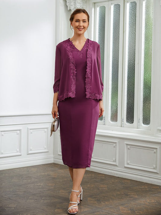 Judy Sheath/Column Chiffon Applique V-neck Sleeveless Tea-Length Mother of the Bride Dresses DGP0020263