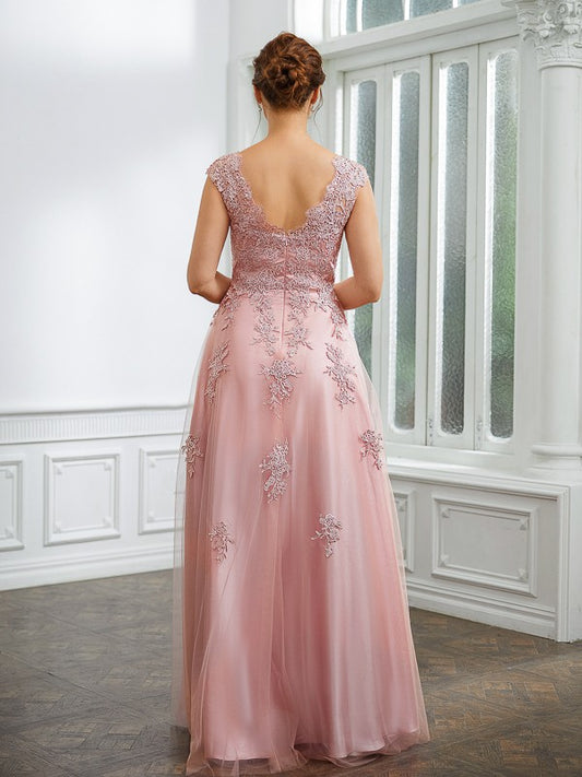 Taryn A-Line/Princess Tulle Applique V-neck Sleeveless Floor-Length Dresses DGP0020264