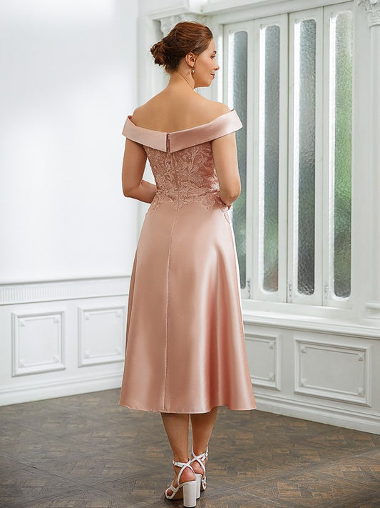 Germaine A-Line/Princess Satin Applique Off-the-Shoulder Sleeveless Tea-Length Mother of the Bride Dresses DGP0020255