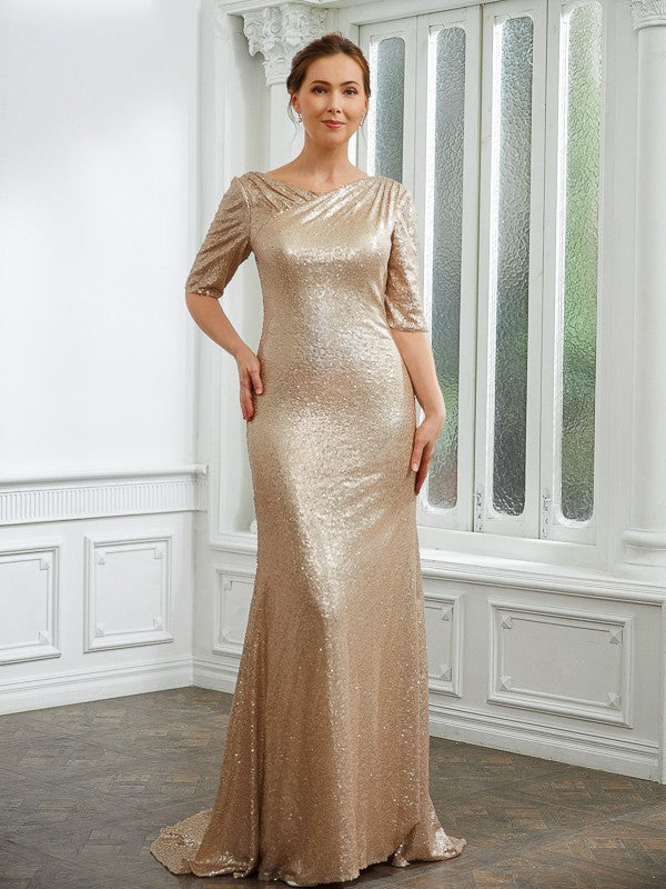 Minnie Sheath/Column Sequins Ruched 1/2 Sleeves Sweep/Brush Train Mother of the Bride Dresses DGP0020248