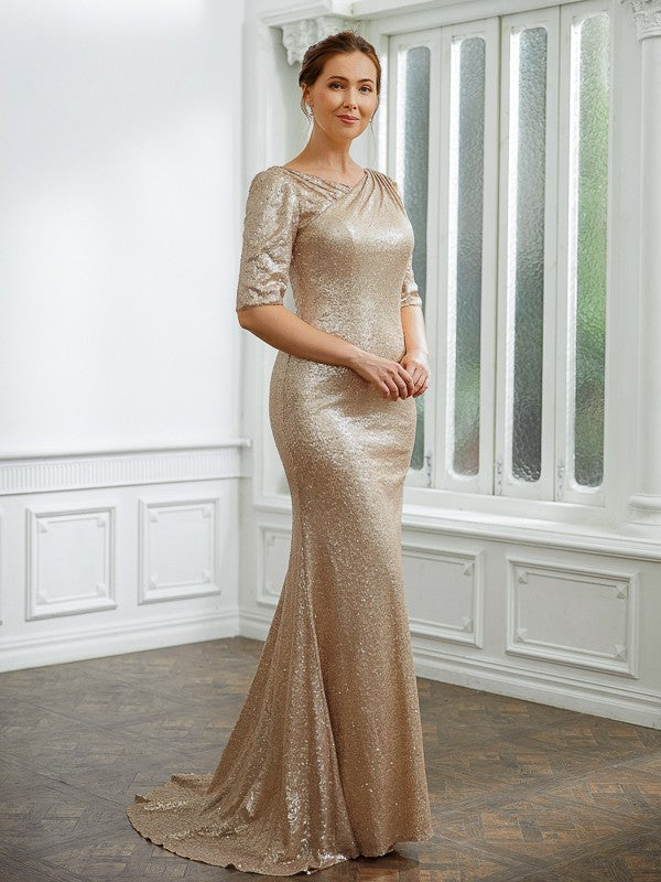 Minnie Sheath/Column Sequins Ruched 1/2 Sleeves Sweep/Brush Train Mother of the Bride Dresses DGP0020248