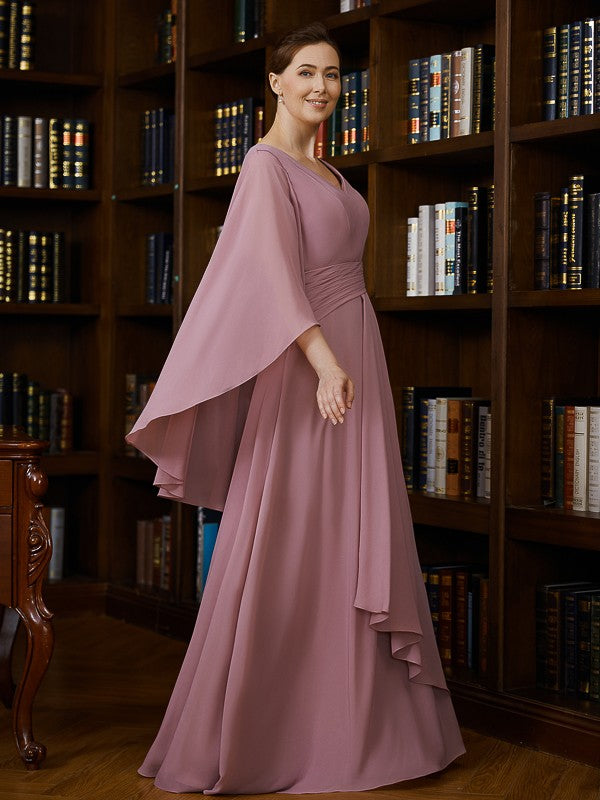 Laurel A-Line/Princess Chiffon Ruched V-neck 3/4 Sleeves Floor-Length Mother of the Bride Dresses DGP0020251