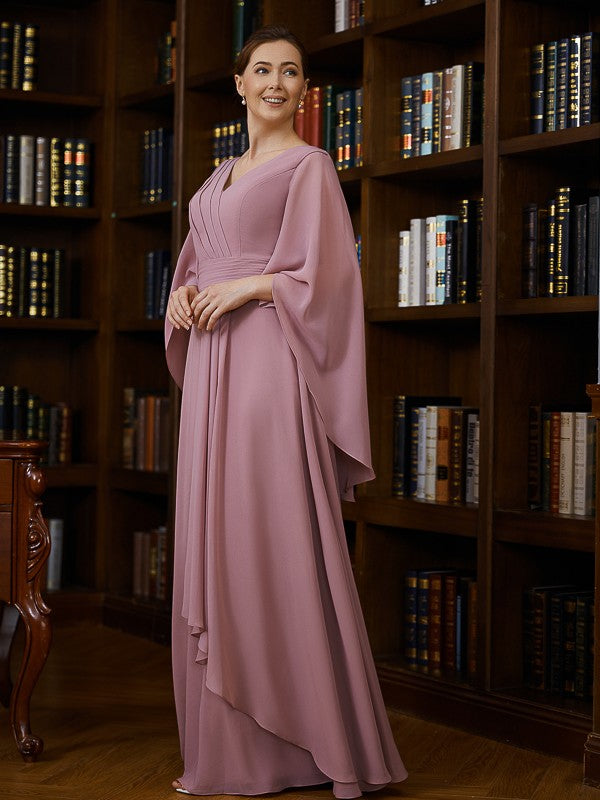 Laurel A-Line/Princess Chiffon Ruched V-neck 3/4 Sleeves Floor-Length Mother of the Bride Dresses DGP0020251