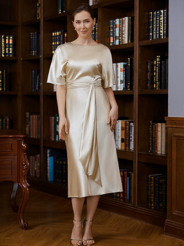 Gwen Sheath/Column Elastic Woven Satin Ruched Scoop Short Sleeves Tea-Length Mother of the Bride Dresses DGP0020242