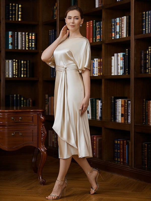 Gwen Sheath/Column Elastic Woven Satin Ruched Scoop Short Sleeves Tea-Length Mother of the Bride Dresses DGP0020242