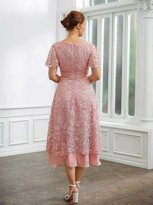 Rosalie A-Line/Princess Chiffon Applique V-neck Short Sleeves Tea-Length Dresses DGP0020244