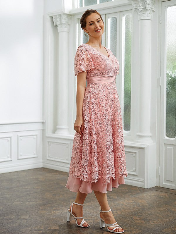 Rosalie A-Line/Princess Chiffon Applique V-neck Short Sleeves Tea-Length Dresses DGP0020244