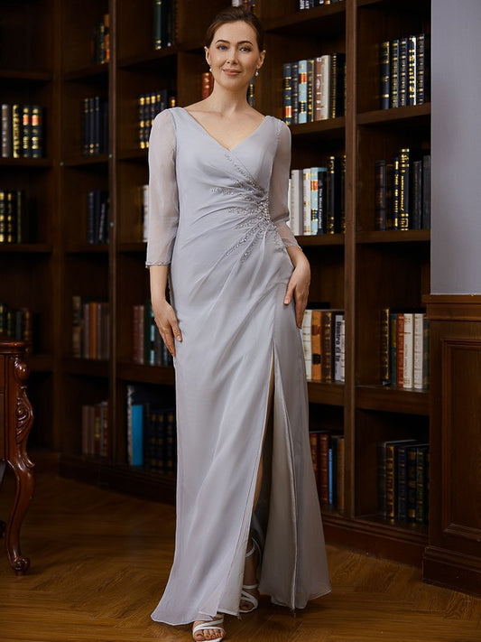 Heidy Sheath/Column 30D Chiffon Beading V-neck 3/4 Sleeves Floor-Length Mother of the Bride Dresses DGP0020247