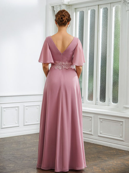 Ivy A-Line/Princess Chiffon Ruched V-neck 1/2 Sleeves Floor-Length Mother of the Bride Dresses DGP0020248