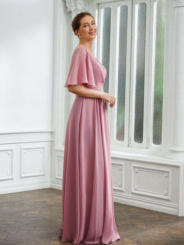 Ivy A-Line/Princess Chiffon Ruched V-neck 1/2 Sleeves Floor-Length Mother of the Bride Dresses DGP0020248