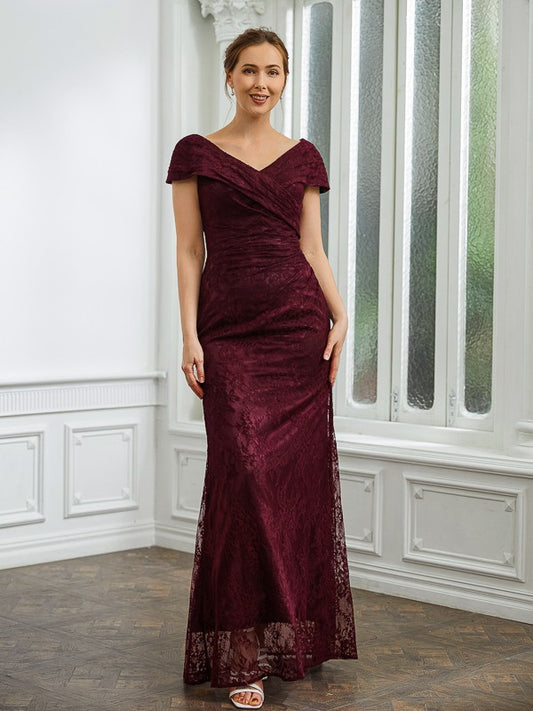 Amiya Sheath/Column Lace Ruched V-neck Short Sleeves Floor-Length Mother of the Bride Dresses DGP0020246