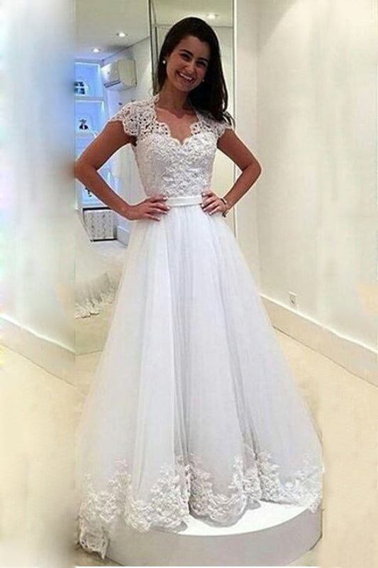 2024 A Line V Neck Wedding Dresses Tulle With Applique And Sash Sweep Train