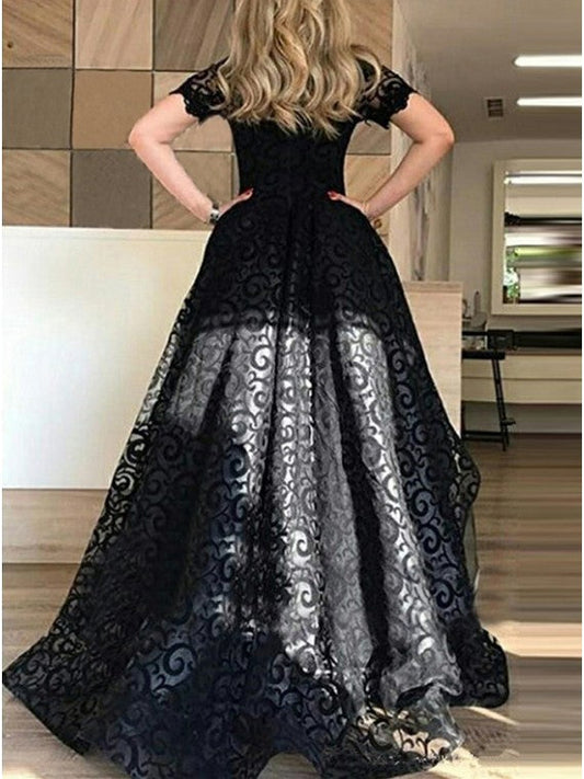 Vintage A-Line Off the Shoulder Black Lace High Low Short Sleeve Prom Homecoming Dresses JS80
