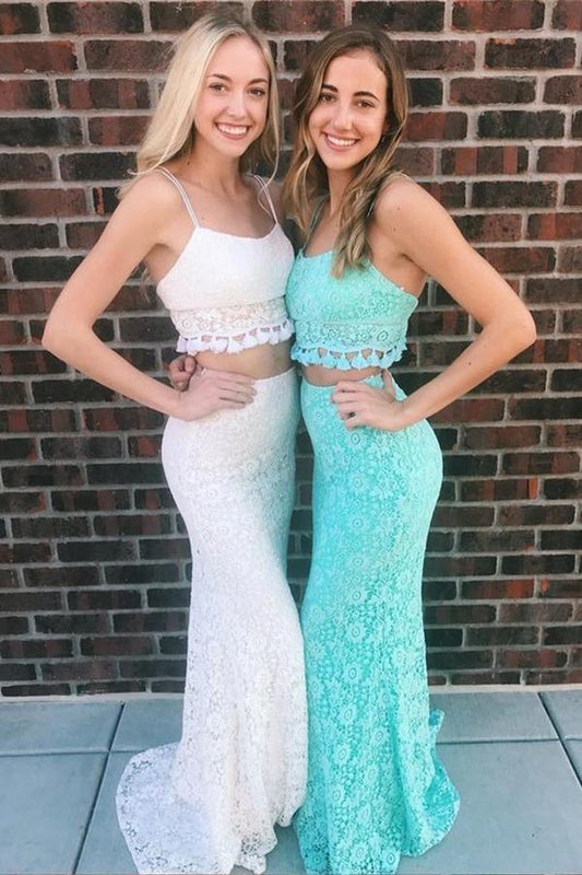 Lace Two Pieces Sexy Party Dresses Mermaid Spaghetti Straps Long Prom Dresses