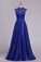High Neck Prom Dresses Satin With Beading Floor Length Dark Royal Blue