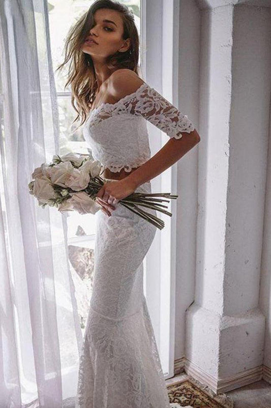 2 Pieces Ivory Lace Mermaid Off the Shoulder Wedding Dresses, Beach Wedding Gowns SRS14986