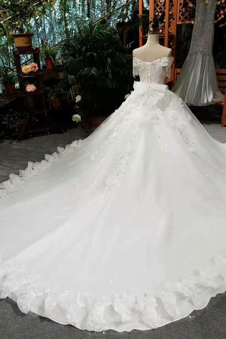 Wedding Dresses Off The Shoulder Ball Gown Tulle Lace Up With Appliques And Bow Knot