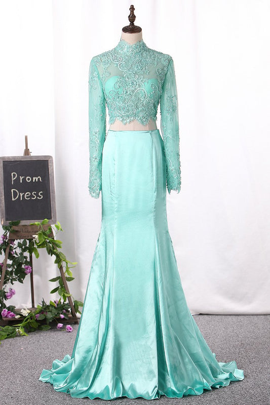 2024 New Arrival Two Pieces Mermaid Elastic Satin&Tulle With Appliques Long Sleeves Prom Dresses