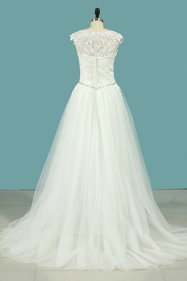 Wedding Dresses Scoop Tulle With Applique And Ruffles Sweep Train