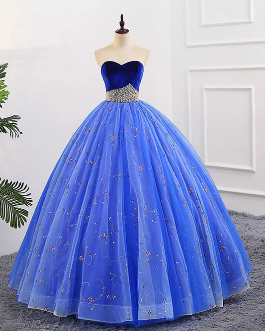 Ball Gown Sweetheart Strapless Blue Prom Dresses with Beading, Tulle Quinceanera Dresses SJS15073