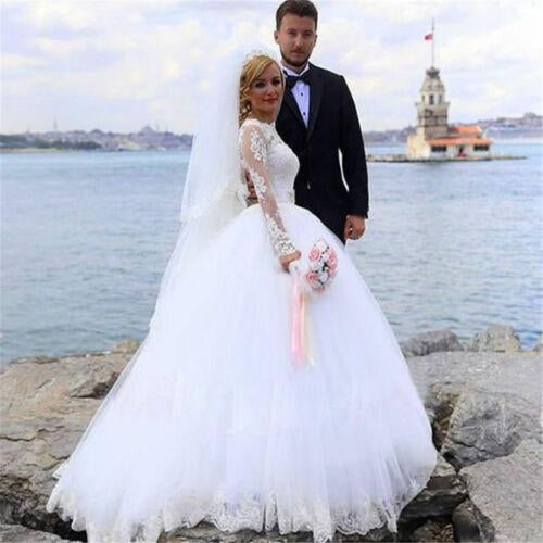 Elegant Ball Gown Lace Long Sleeve Wedding Dresses with Appliques, Tulle White Bridal Dress SRS15156