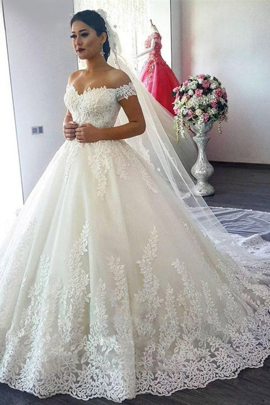 2024 Off The Shoulder A Line Wedding Dresses Tulle With Applique Sweep Train