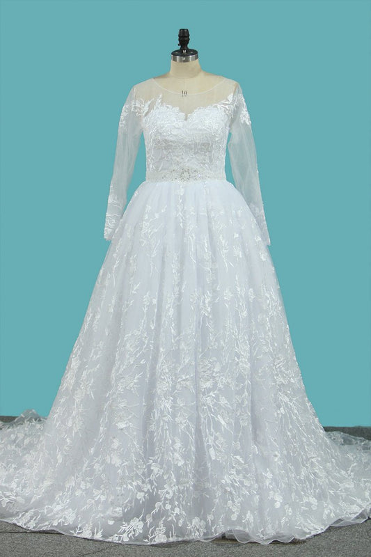 2024 Lace Wedding Dresses Long Sleeves Scoop A Line With Applique And Beads Court Train